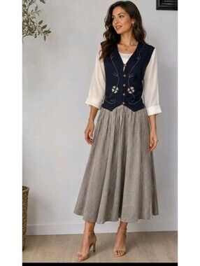 Allison-Che Vtg. Dress Womens 18W Pleats Cream Brown Navy Embroidered Vest #AA